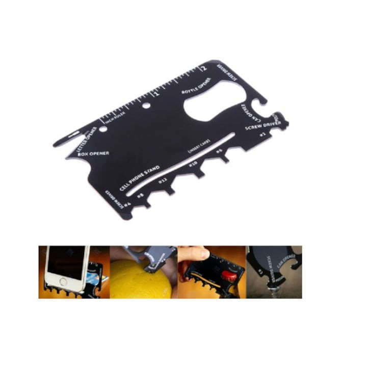 Card multifunctional pentru supravietuire, 18 in 1, otel inoxidabil, 9 x 6 cm, negru [6]