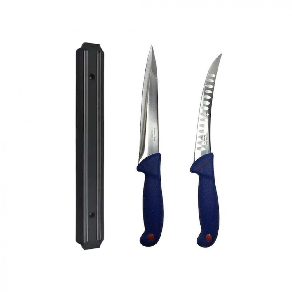 Set cutite profesionale de macelarie, injunghiat, transat, filetat, dezosat, suport magnetic, 2 cutite