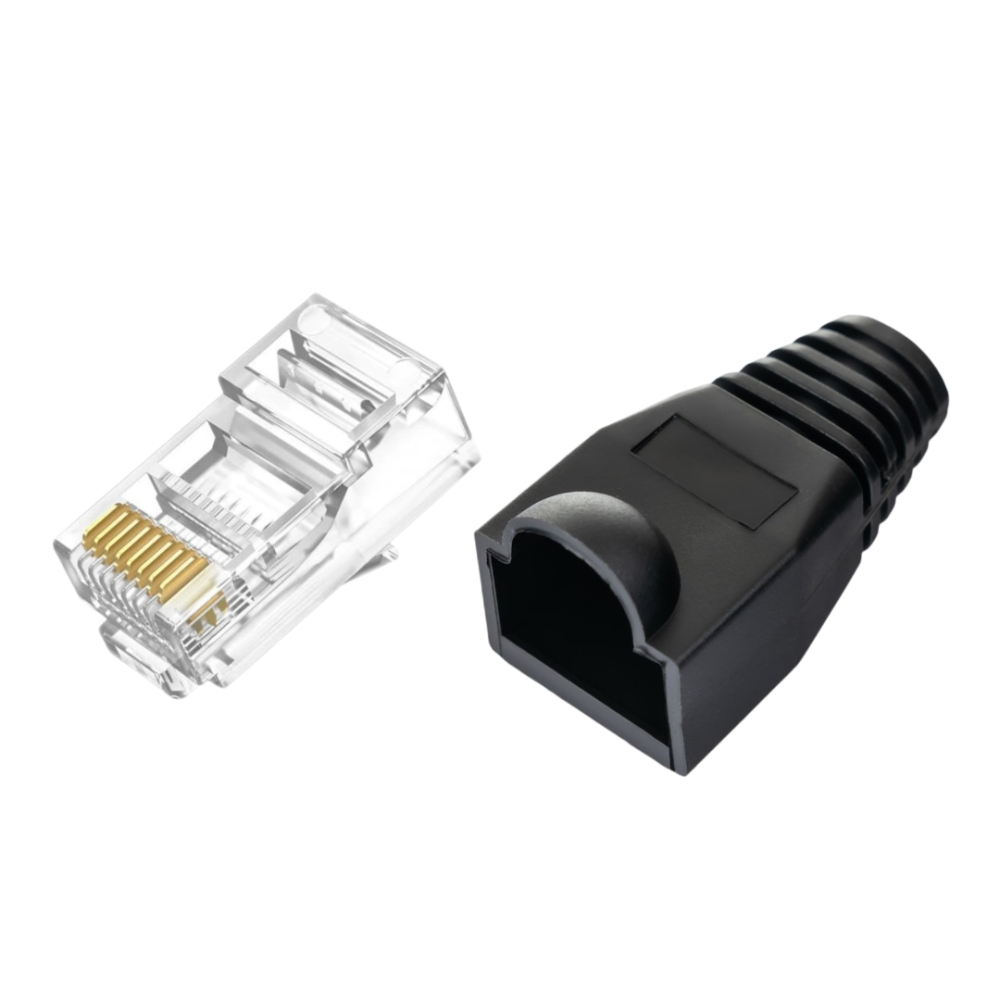 Set 30 x mufa + manson de protectie, RJ45, CAT5 CAT6, 8 pini 8P8C, negru