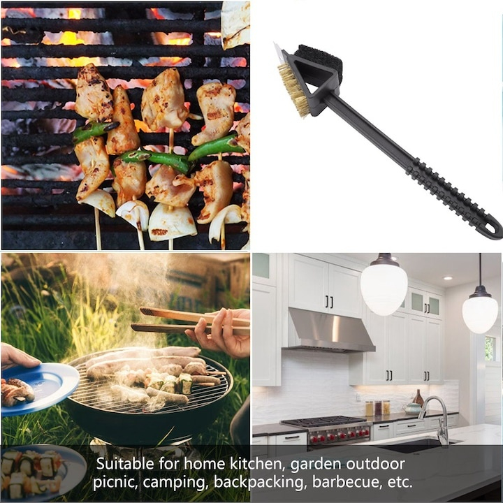 Perie 3 in 1, pentru curatare gratar, tigai, plastic/metal, multifunctionala, 36 x 7 cm, negru [5]