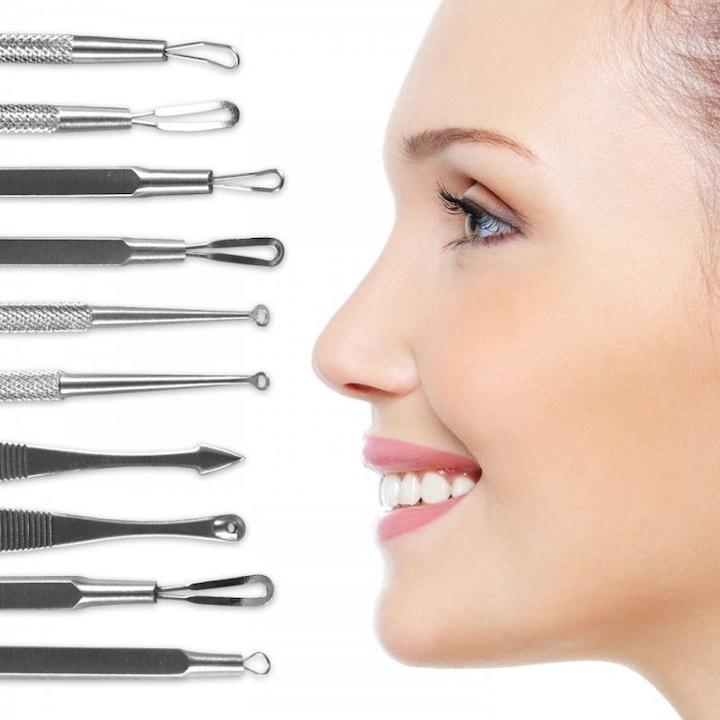 Set 10 instrumente pentru extractia punctelor negre, acnee, inox, argintiu [6]