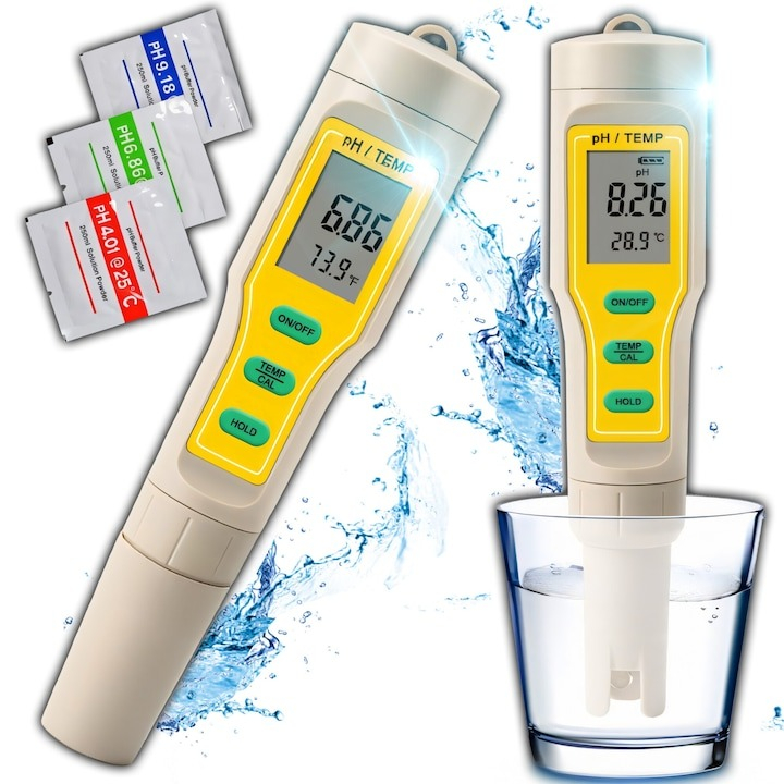 Tester apa, 2 in 1, temperatura si pH, solutii de calibrare incluse, alb/galben [11]