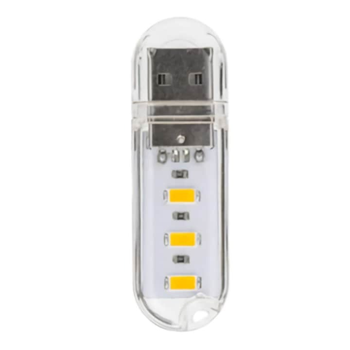 Mini lampa USB cu 3 LED-uri, portabila, lumina calda, carcasa transparenta [5]
