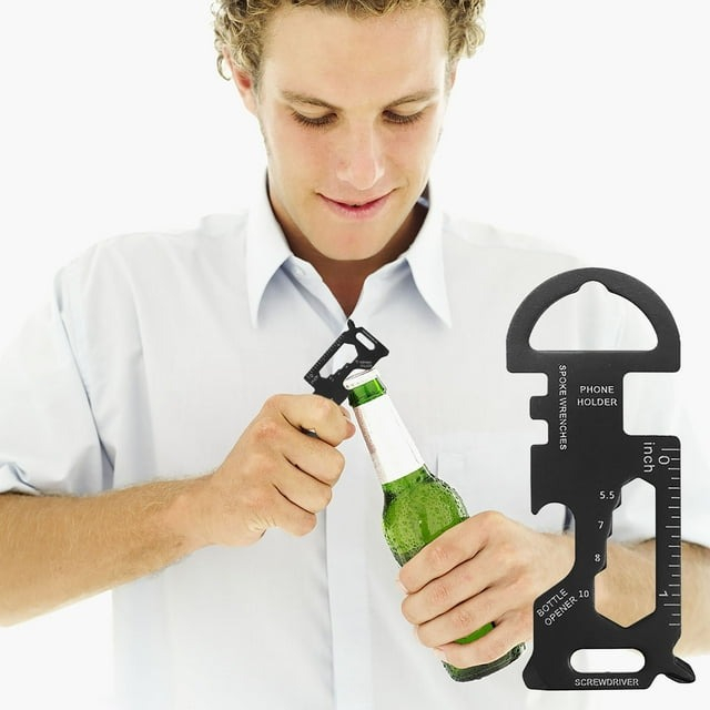 Breloc multifunctional din otel inoxidabil, suport telefon, surubelnita, rigla, desfacator sticle, pentru camping si drumetii, negru, 3 x 7 cm [3]