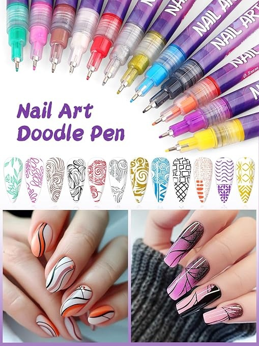 Set 12 markere acrilice pentru unghii, varf fin 0.5 mm, nail art, manichiura DIY, uscare rapida, 13 x 10 cm, multicolor [12]