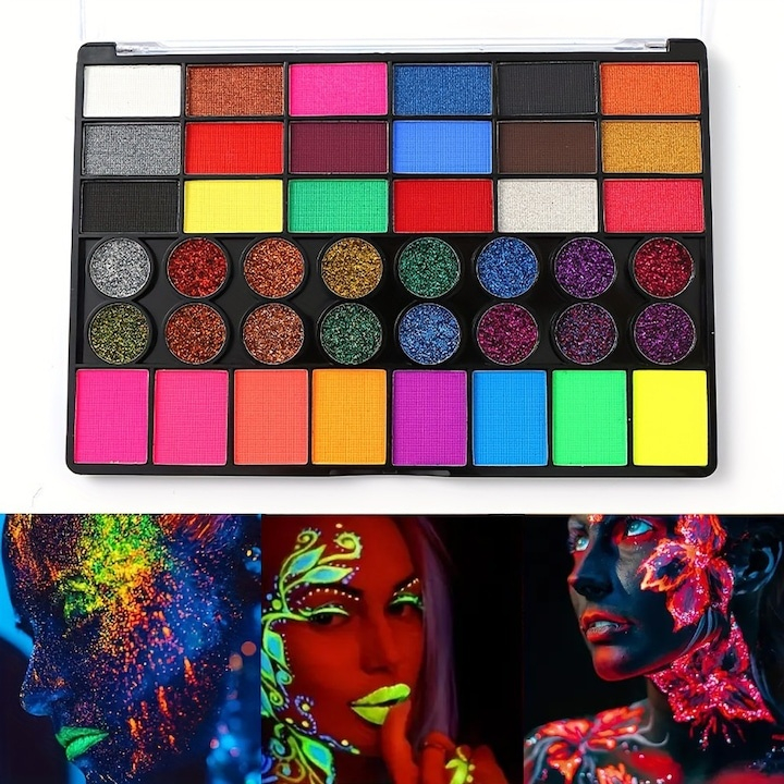 Paleta vopsea pentru fata si corp, 42 culori, fosforescente, non-toxic, activare cu apa, multicolor, 20 x 14 x 1.6 cm [7]