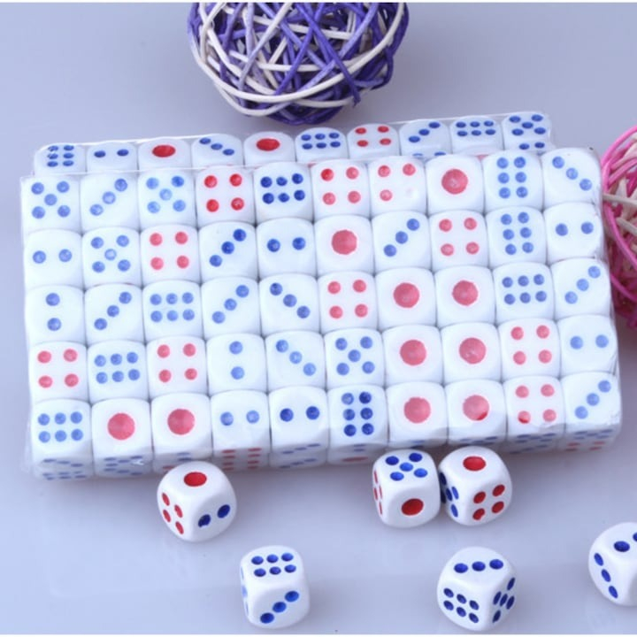 Set 10 zaruri albe cu puncte albastre si rosii, 13 mm, pentru jocuri de societate sau jocuri de noroc [4]