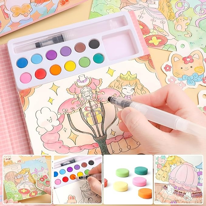 Carte de colorat cu acuarele pentru copii, model printesa, 12 culori, pensula cu apa, 20 foi carton, 15.7 x 18.8 x 1.8 cm, roz [2]