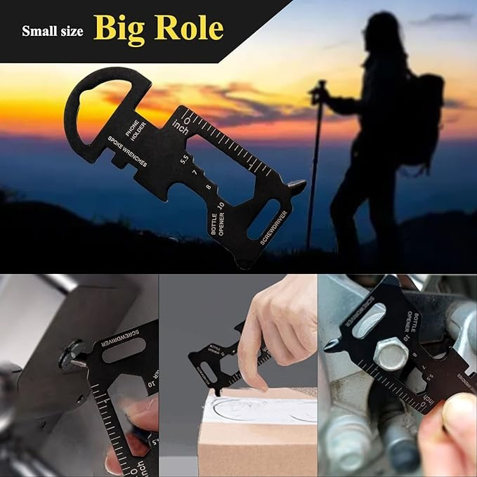 Breloc multifunctional din otel inoxidabil, suport telefon, surubelnita, rigla, desfacator sticle, pentru camping si drumetii, negru, 3 x 7 cm [6]