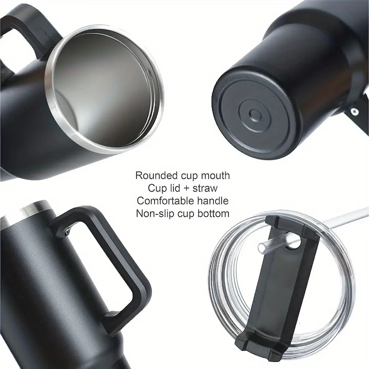 Cana termos, otel inoxidabil/plastic, fara BPA, 1200 ml, design ergonomic, cu pai, negru [3]