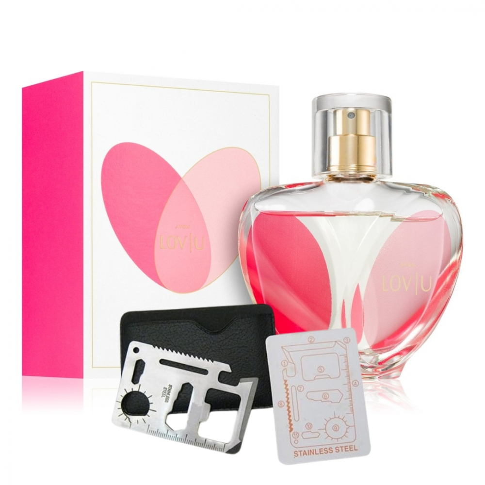 Set apa de parfum Lov U 50 ml si card multifunctional Dactylion, de supravietuire, otel inoxidabil