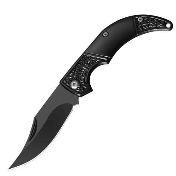 Briceag pliabil, pentru supravietuire, camping, drumetii, multifunctional, otel inoxidabil, lungime 15 cm, maner curbat, ergonomic, negru [6]