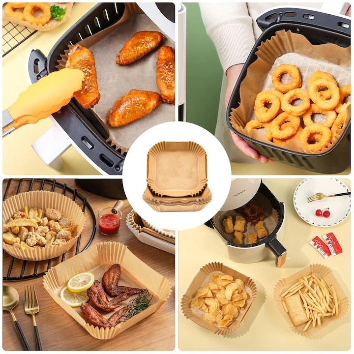 Set 100 hartii de copt pentru air fryer, cuptor, de unica folosinta, antiderapante, forma patrata, 16 x 16 cm, maro [6]