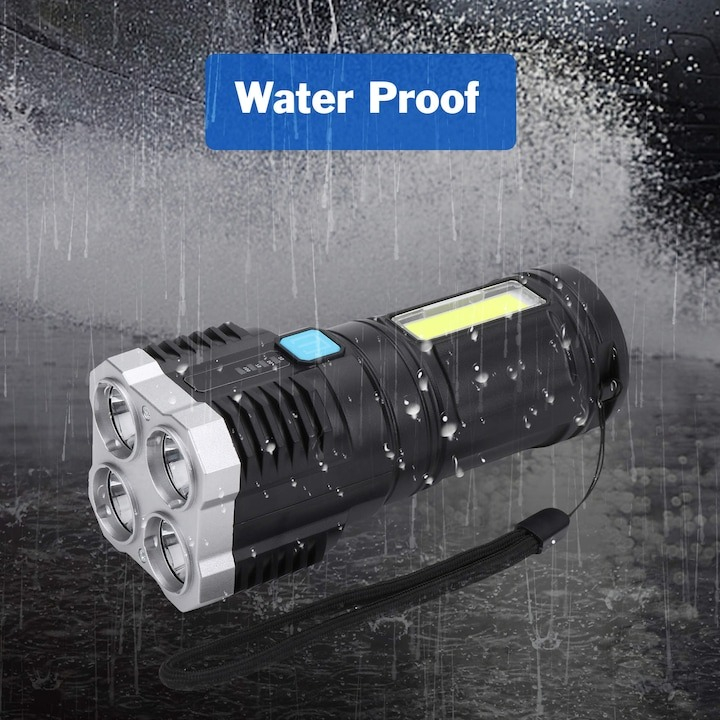 Lanterna portabila, 5 LED-uri, 4 moduri de iluminare, cablu Micro-USB inclus, ABS, baterie 1200 mAh, rezistenta la apa, negru [7]
