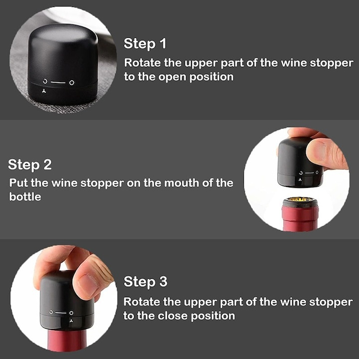 Dop pentru etansare sticla de vin, design rotativ, sistem blocare, silicon, 3.8 x 3.8 cm, reutilizabil, negru [4]