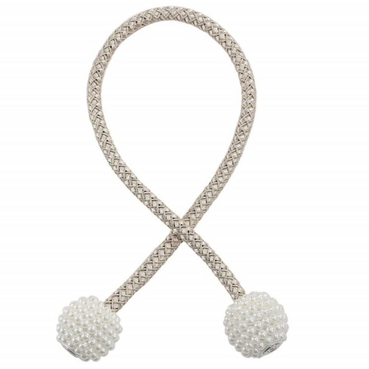 Magnet decorativ pentru perdele si draperii, catarama cu perle si curea cu textura tesuta, poliester, 48 cm, bej [6]