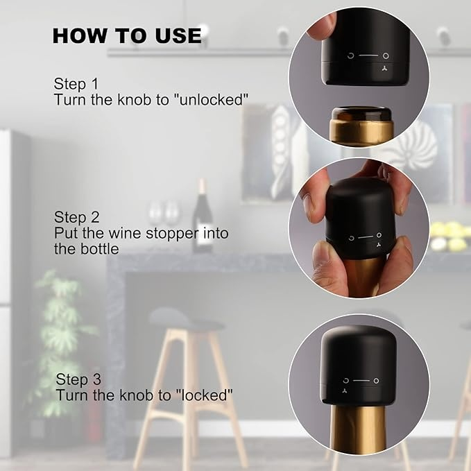 Dop pentru etansare sticla de vin, design rotativ, sistem blocare, silicon, 3.8 x 3.8 cm, reutilizabil, negru [17]