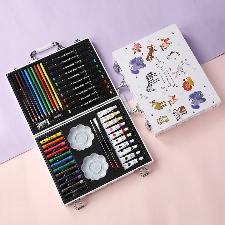 Set de pictura si desen pentru copii, 68 piese, valiza pentru depozitare, carte de colorat, ascutitoare, radiera, markere, pensule, creioane, palete pentru amestecarea culorilor, acuarele, multicolor [7]