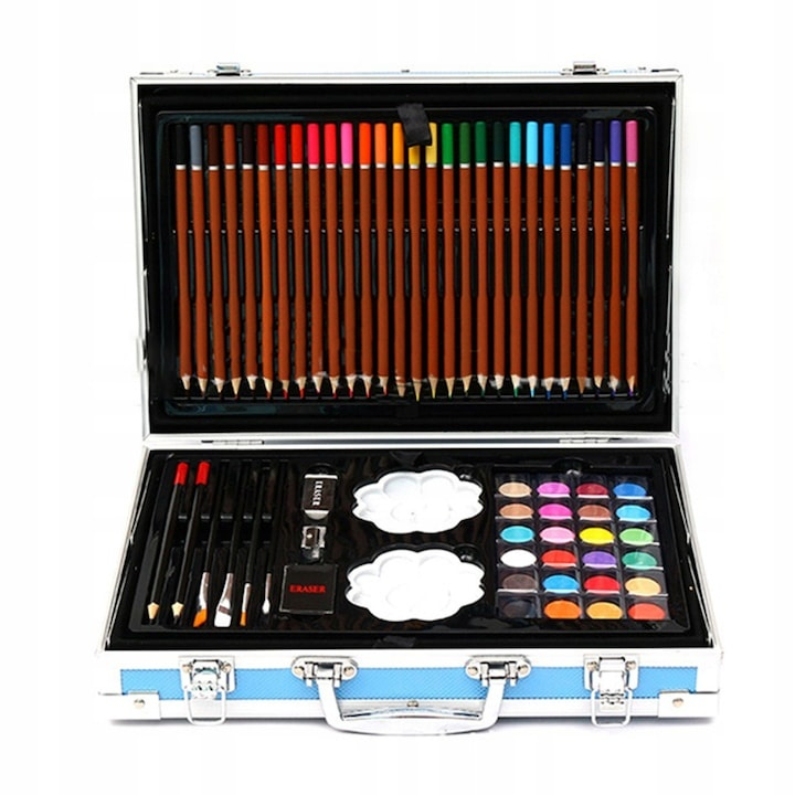 Set creativ de pictura si desen pentru copii, 145 piese, model dinozaur, 34 x 23 x 8 cm, albastru, valiza metalica pentru depozitare [12]