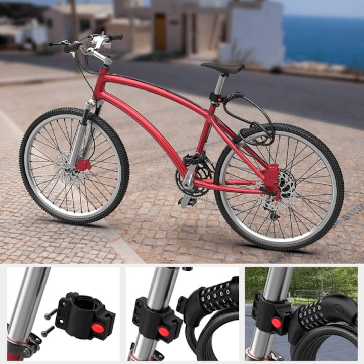 Antifurt cu cifru, suport de atasare pentru bicicleta, otel/PVC, lungime cablu 120 cm, negru [3]