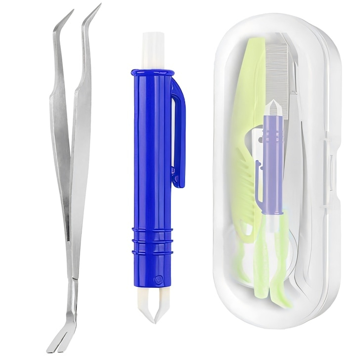 Kit pentru indepartarea capuselor, 7 piese, carlige, pensete, lupa, pieptene, carcasa depozitare [14]
