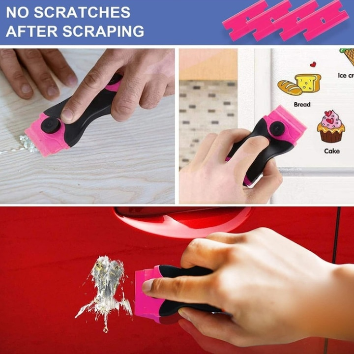 Racleta multifunctionala, 2 capete, maner ergonomic, curatare ceramica, sticla, 10 lame plastic, 10 lame metalice, negru/roz [4]