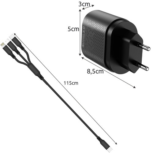 Set Incarcator priza 4x USB,incarcare rapida 3.0 Izoxis + cablu 3in1 micro USB,type C,iphone - Negru [2]