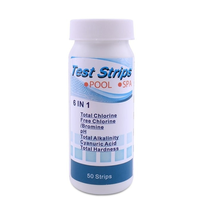 Set de 50 de benzi pentru testarea apei, efectueaza 6 teste simultan, duritate, acid cianuric, alcalinitate, PH, clor liber, clor total