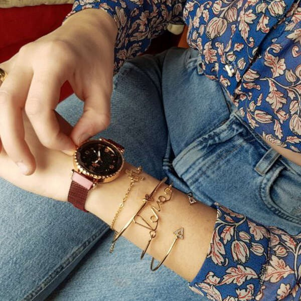 Set bijuterii dama, ceas, 4 bratari, curea magnetica, rosu/auriu [6]