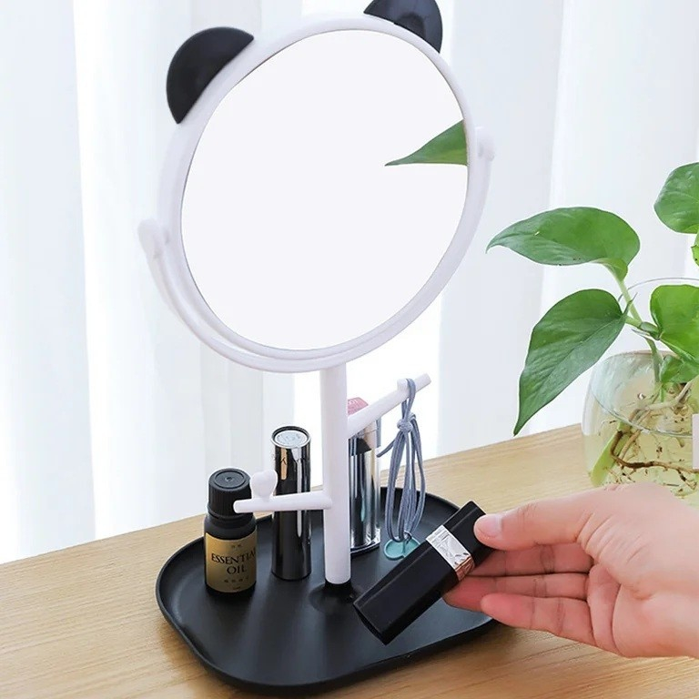 Oglinda cosmetica, cu urechi, baza pentru bijuterii, diametru 15 cm, design rotativ 360°, plastic, 30 x 16.5 cm, alb/negru [7]