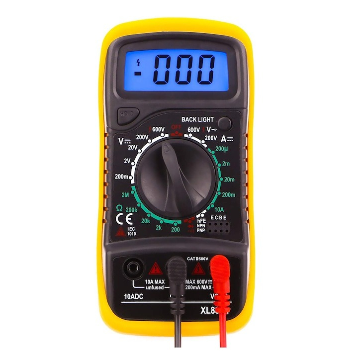 Multimetru digital, model XL830L, afisaj LCD, tensiunea AC/DC, curent DC, rezistenta, continuitate, verificare diode/tranzistori, portocaliu [5]