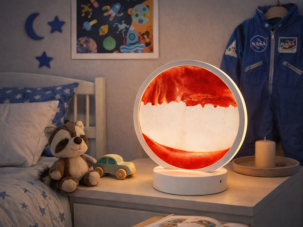 Lampa decorativa LED cu efect 3D nisip curgator, tip clepsidra, rosu, baza alba, USB sau baterii, decor relaxant pentru dormitor, living si birou [8]