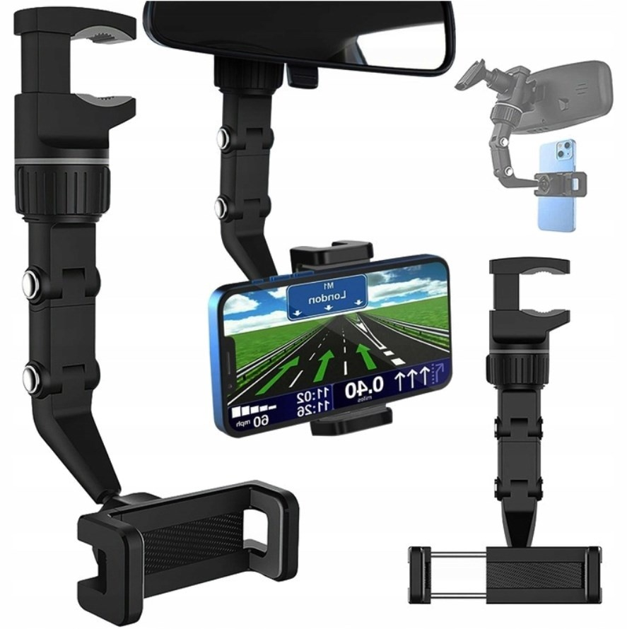 Suport auto pentru telefon, montare pe oglinda retrovizoare, latime reglabila 5-10 cm, rotativ 360°, negru [13]