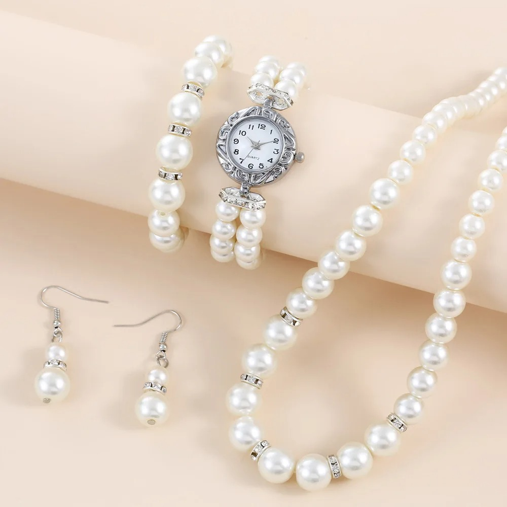 Set bijuterii dama, ceas, cercei, bratara, colier, perle, alb, cutie inclusa [4]