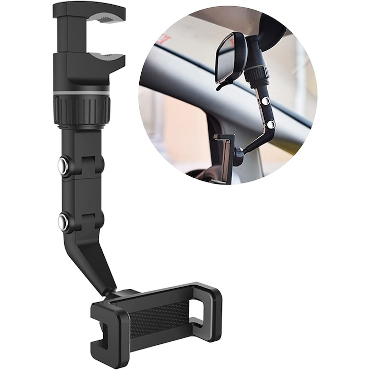 Suport auto pentru telefon, montare pe oglinda retrovizoare, latime reglabila 5-10 cm, rotativ 360°, negru [4]