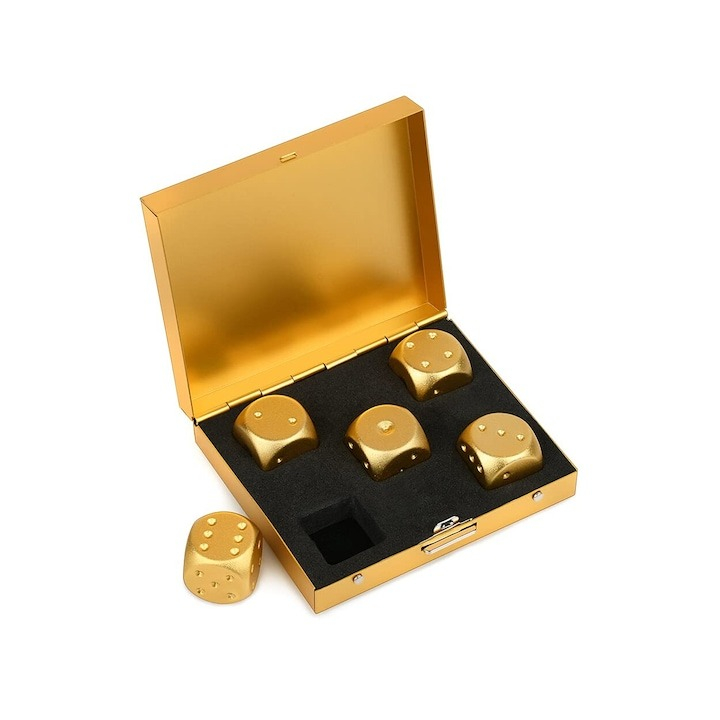 Set 5 zaruri, aliaj de aluminiu, pentru jocuri de noroc sau de societate, 16 mm, auriu, cutie inclusa [5]