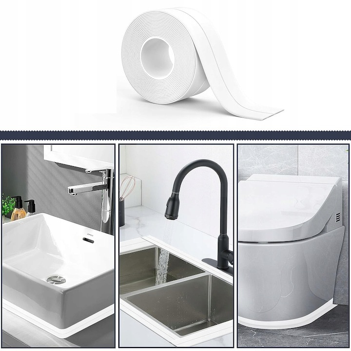 Banda adeziva pentru etansare, 3.2 m x 38 mm, impermeabila, antimucegai, pentru baie, bucatarie, alb [5]