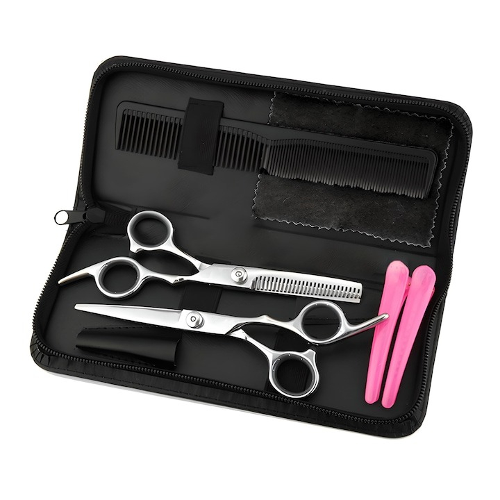 Set 2 foarfece de tuns, din inox, 2 cleme de par, pieptan, negru, 21.5 x 8.5 x 3 cm, carcasa inclusa [10]