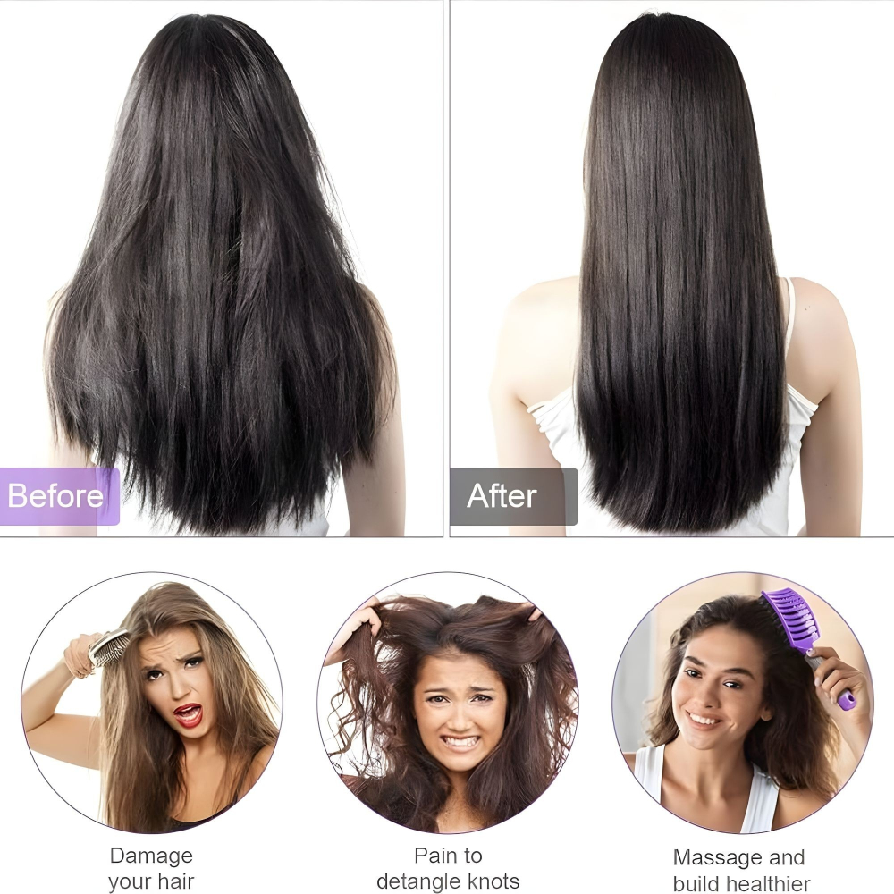 Perie de par, design curbat, peri de mistret/nylon, maner antiderapant, masaj pentru scalp, 24.5 x 6.5 cm, negru/mov [9]