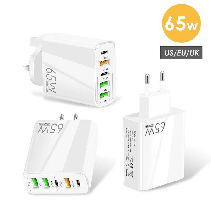 Incarcator cu 5 porturi, 2 x Type-C, 3 x USB, incarcare rapida, 65 W, universal, alb [2]