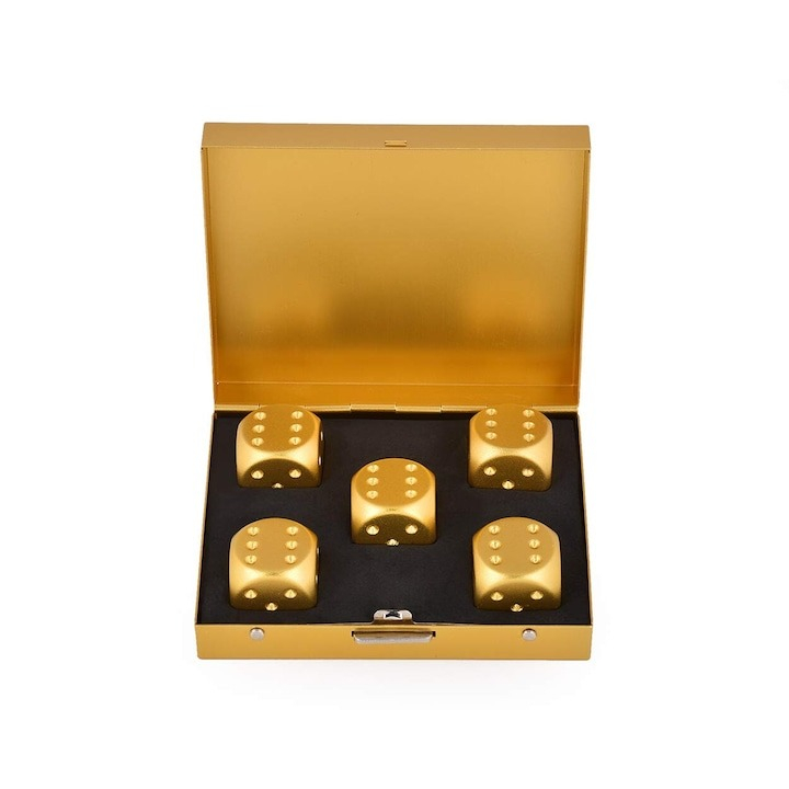 Set 5 zaruri, aliaj de aluminiu, pentru jocuri de noroc sau de societate, 16 mm, auriu, cutie inclusa [4]