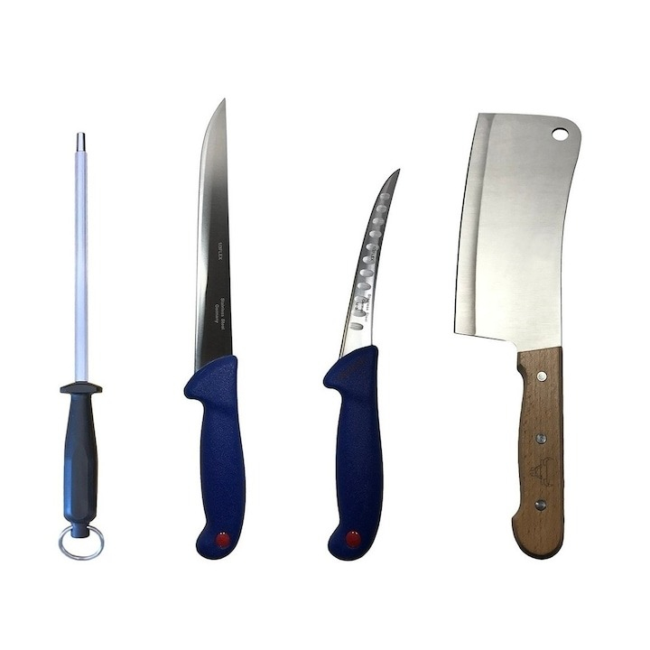 Set profesional de macelarie, dezosat, transat, filetat, 2 cutite, otel carbon, masat pentru ascutit, satar