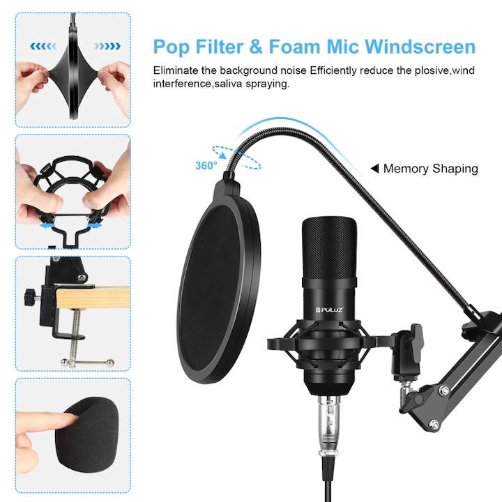Microfon cu condensator, de studio, compatibil cu Android si iOS, otel/aliaj de zinc, negru [3]