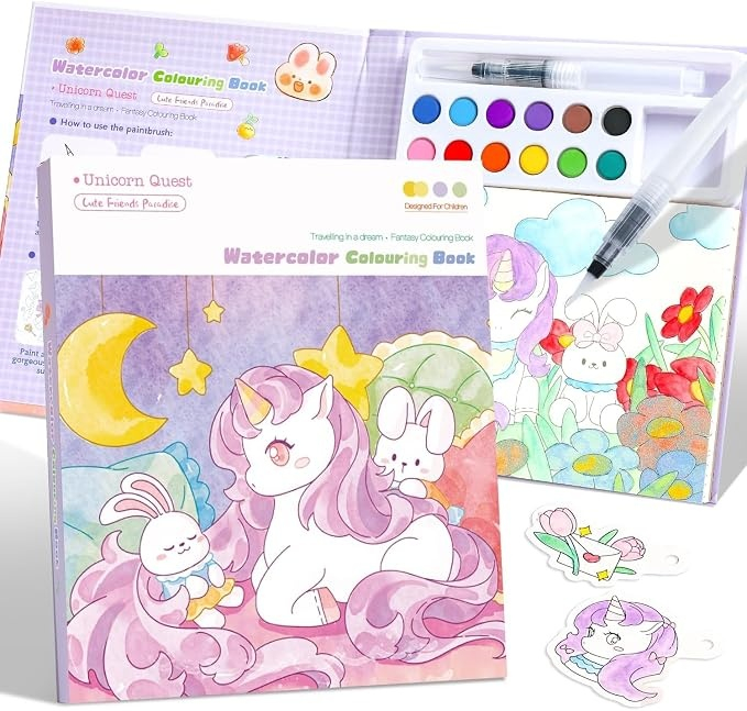 Carte de colorat cu acuarele pentru copii, model unicorn, 12 culori, pensula reutilizabila cu apa, 20 foi carton, 15.7 x 18.8 x 1.8 cm, mov [6]
