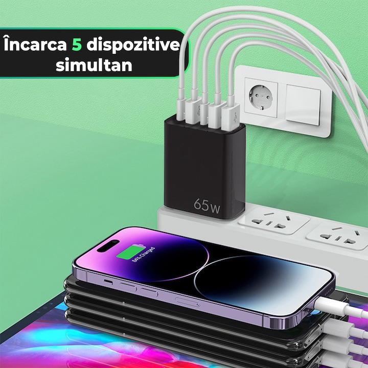 Incarcator cu 5 porturi, 2 x Type-C, 3 x USB, incarcare rapida, 65 W, universal, negru [2]
