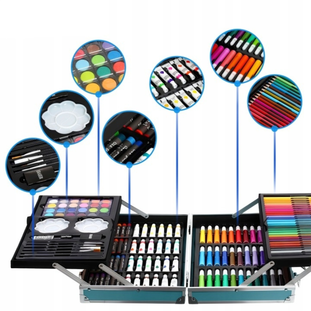 Set creativ de pictura si desen pentru copii, 145 piese, model dinozaur, 34 x 23 x 8 cm, albastru, valiza metalica pentru depozitare [4]