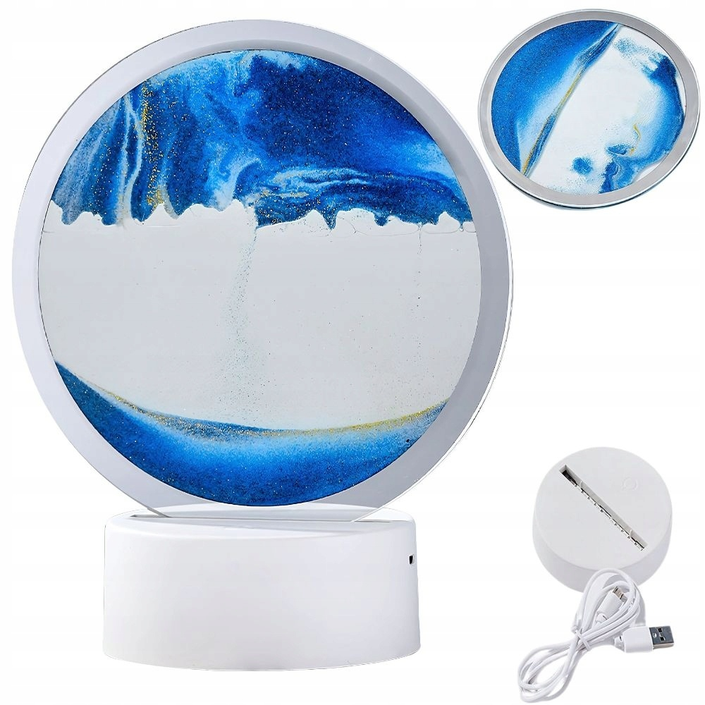 Lampa decorativa tip clepsidra cu efect 3D de nisip in miscare, LED, albastru, alimentare USB sau 3 baterii AA, baza alba, diametru 16 cm [12]