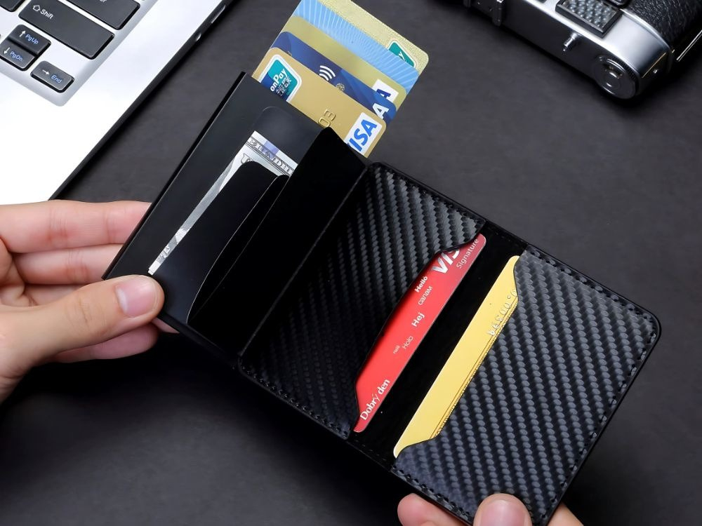 Portofel pentru barbati, protectie antifurt RFID, compact, piele ecologica, 10 x 6.5 x 2 cm, negru [5]