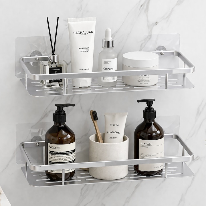 Set 2 rafturi autoadezive, pentru baie si bucatarie, design minimalist, otel inoxidabil, 30.5 x 13 x 5.5 cm, argintiu [11]