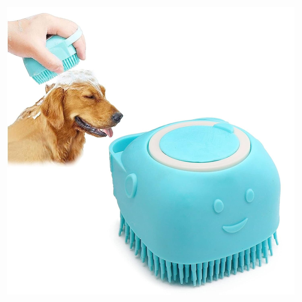 Perie multifunctionala pentru spalarea animalelor de companie, cu rezervor pentru sampon, silicon moale, masaj si ingrijire blana, pentru caini si pisici, 8 x 8.5 x 5 cm, turcoaz [5]